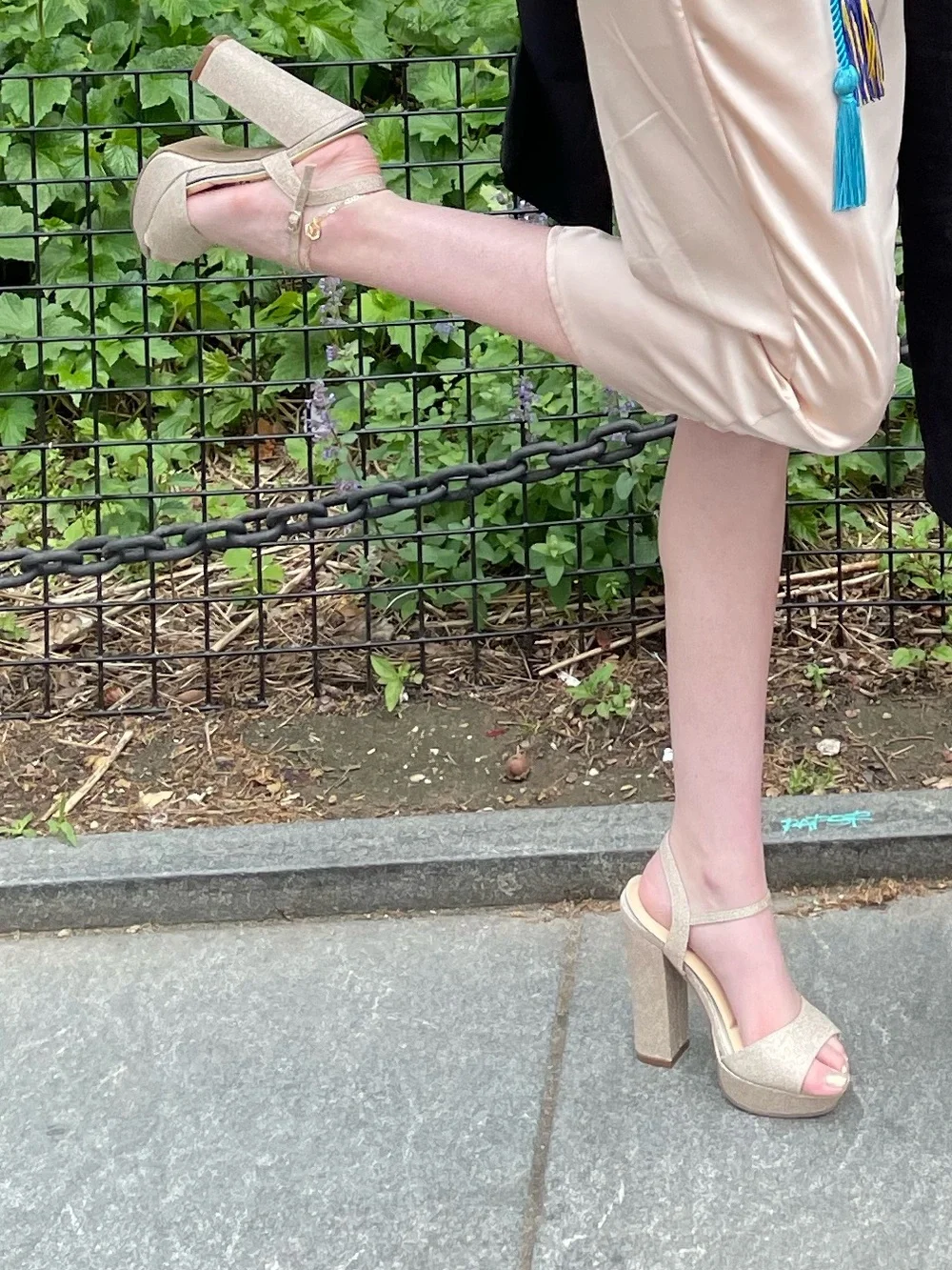 Glitter Platform T-Strap Heels in Gold